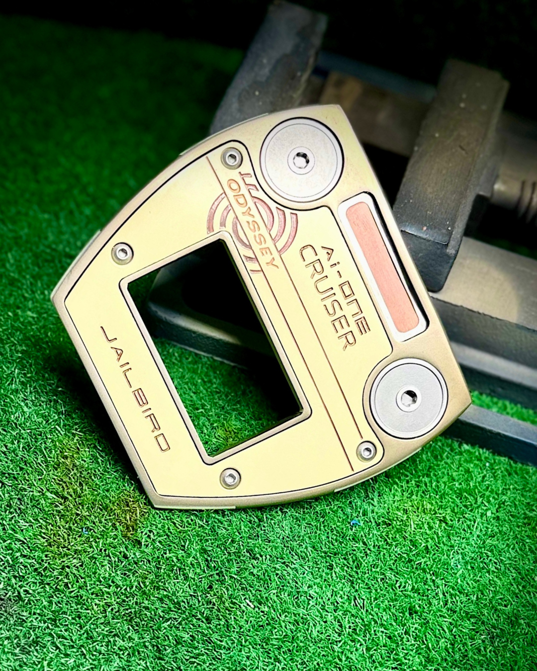 Odyssey Ai-ONE Cruiser Jailbird putter after "Sand" Cerakote, Bronze Torched; Handcrafted Copper Face Insert; Copper Sole "Window" refinish by Sublevel Golf